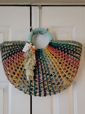 C.C Teal, Navy and Natural Woven Tote With Complimentary Inner Pooch.